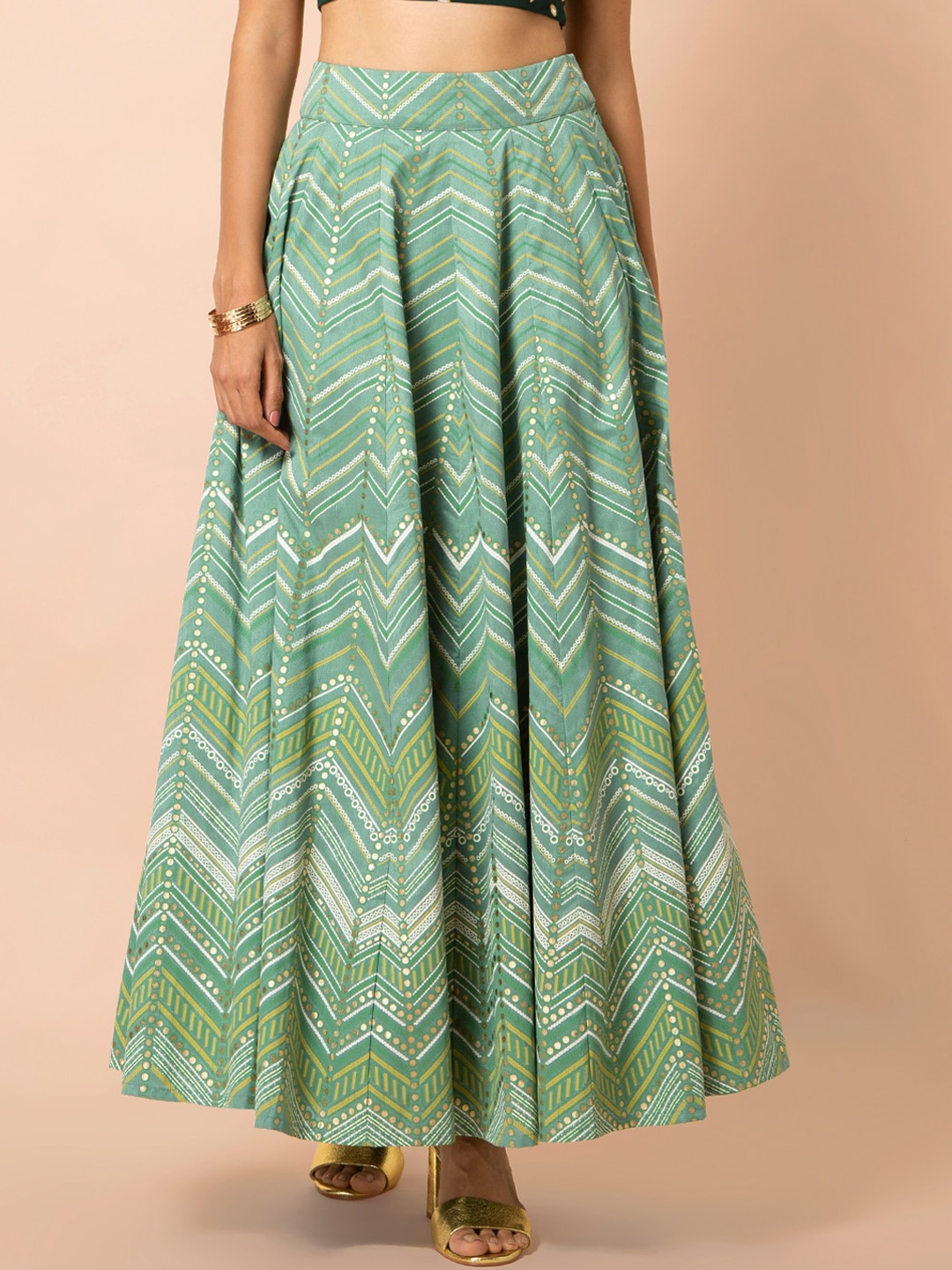 

INDYA Women Green & White Jade Chevron Dotted Maxi Flared A-Line Skirt