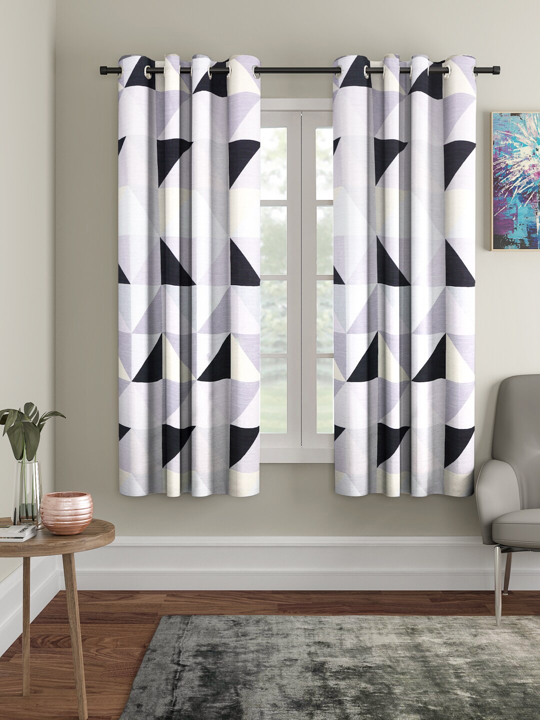 Cortina Black & Grey Set of 2 Digital Printed Window Curtains, White