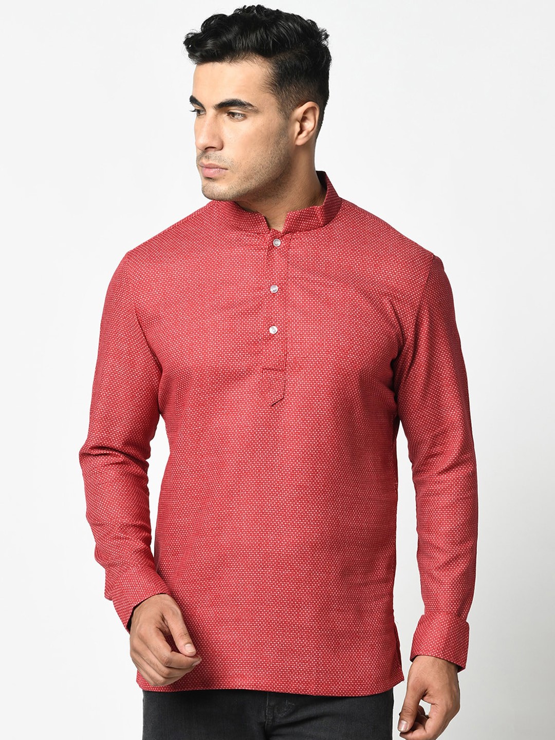 

DEYANN Men Red Woven Design Straight Kurta