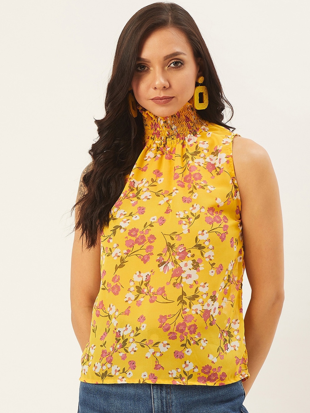 ANVI Be Yourself Women Yellow Floral Printed Top