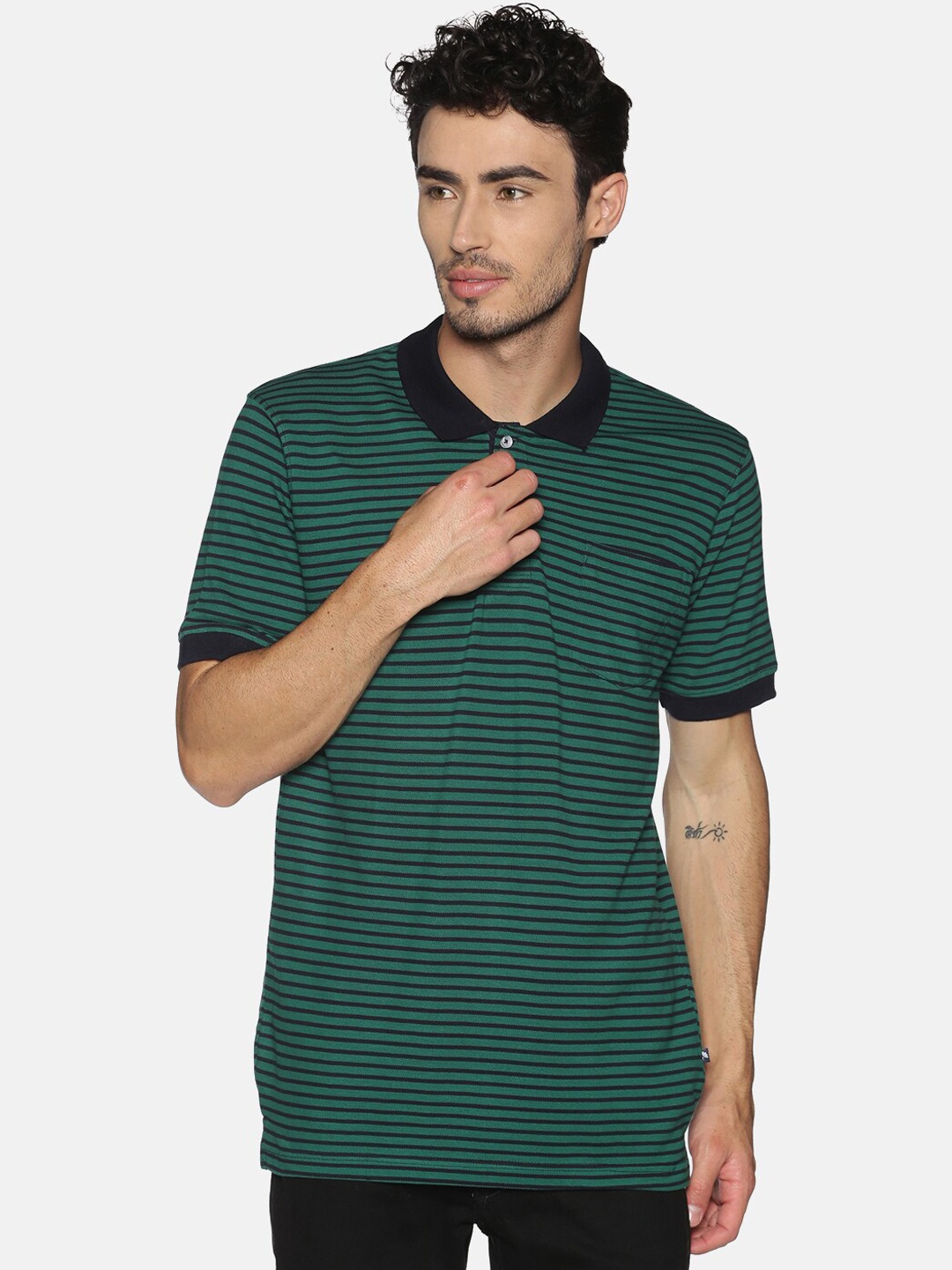 

Chennis Men Green Navy Blue Slim Fit Striped Polo Collar Cotton Pure Cotton T-shirt