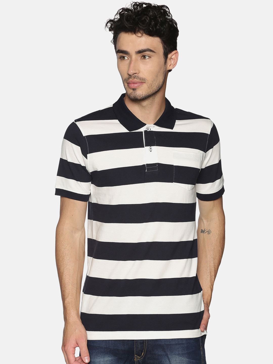 

Chennis Men White Navy Blue Slim Fit Striped Polo Collar Cotton Pure Cotton T-shirt