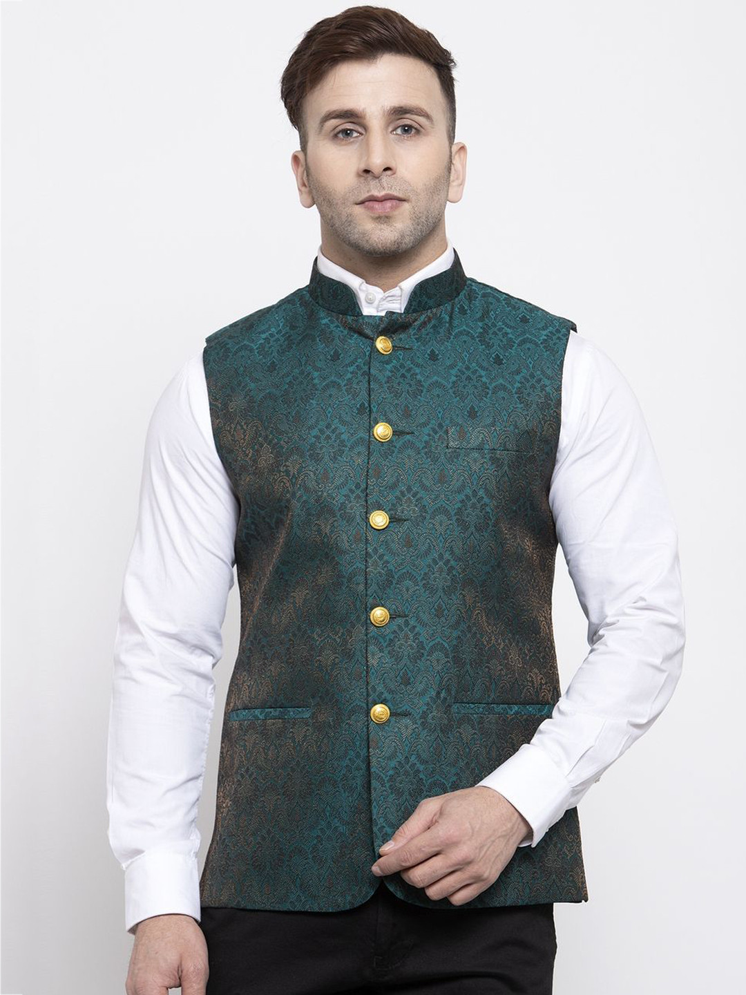 

Wintage Men Green Woven-Design Satin Nehru Jacket