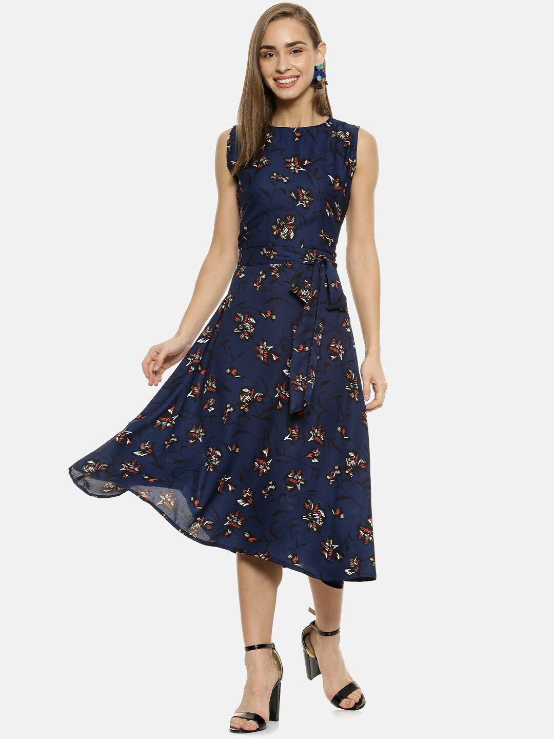 

Campus Sutra Women Navy Blue Floral Printed Fit and Flare Dress