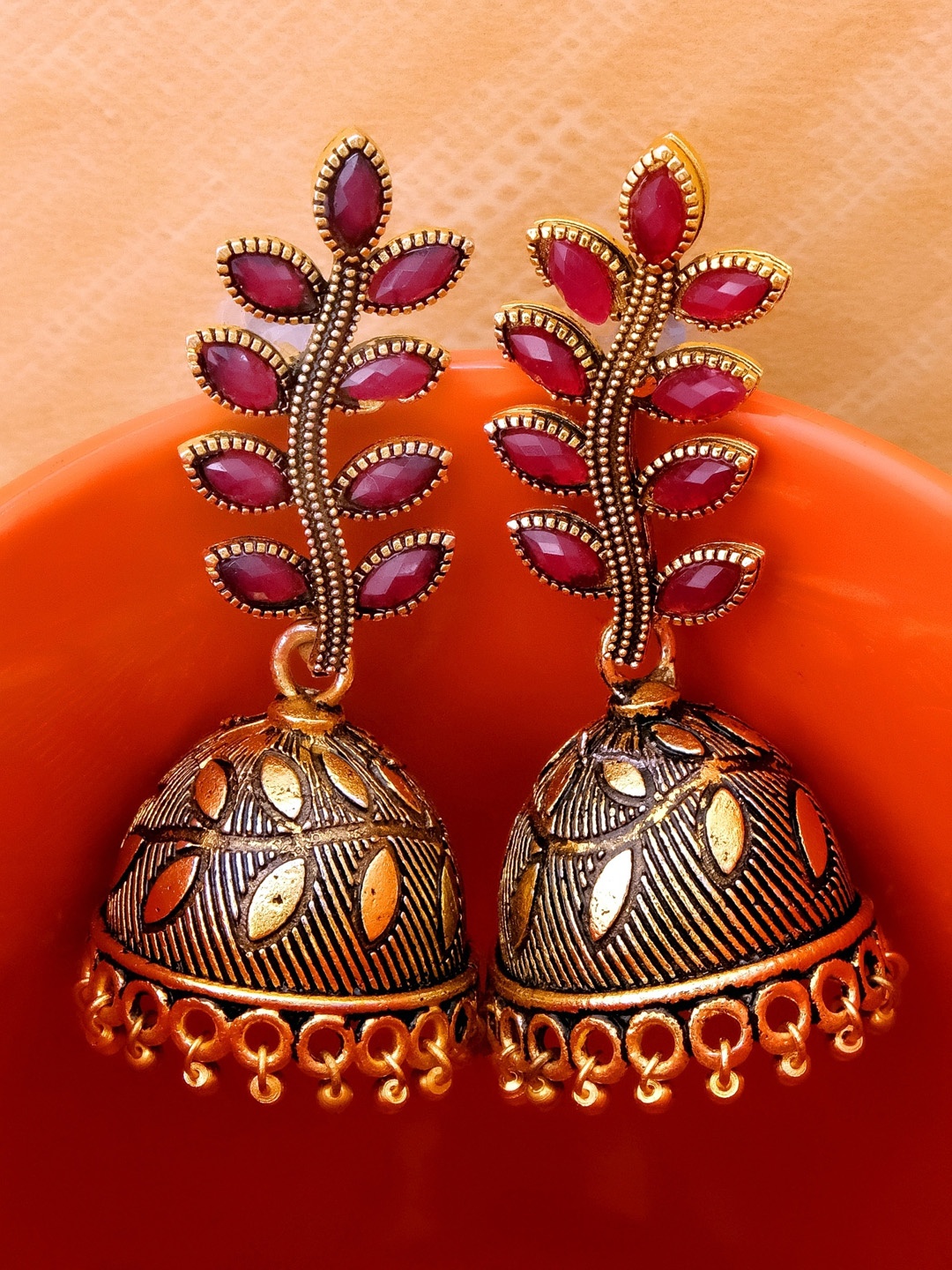 

Crunchy Fashion Gold-Plated & Red Contemporary Jhumkas