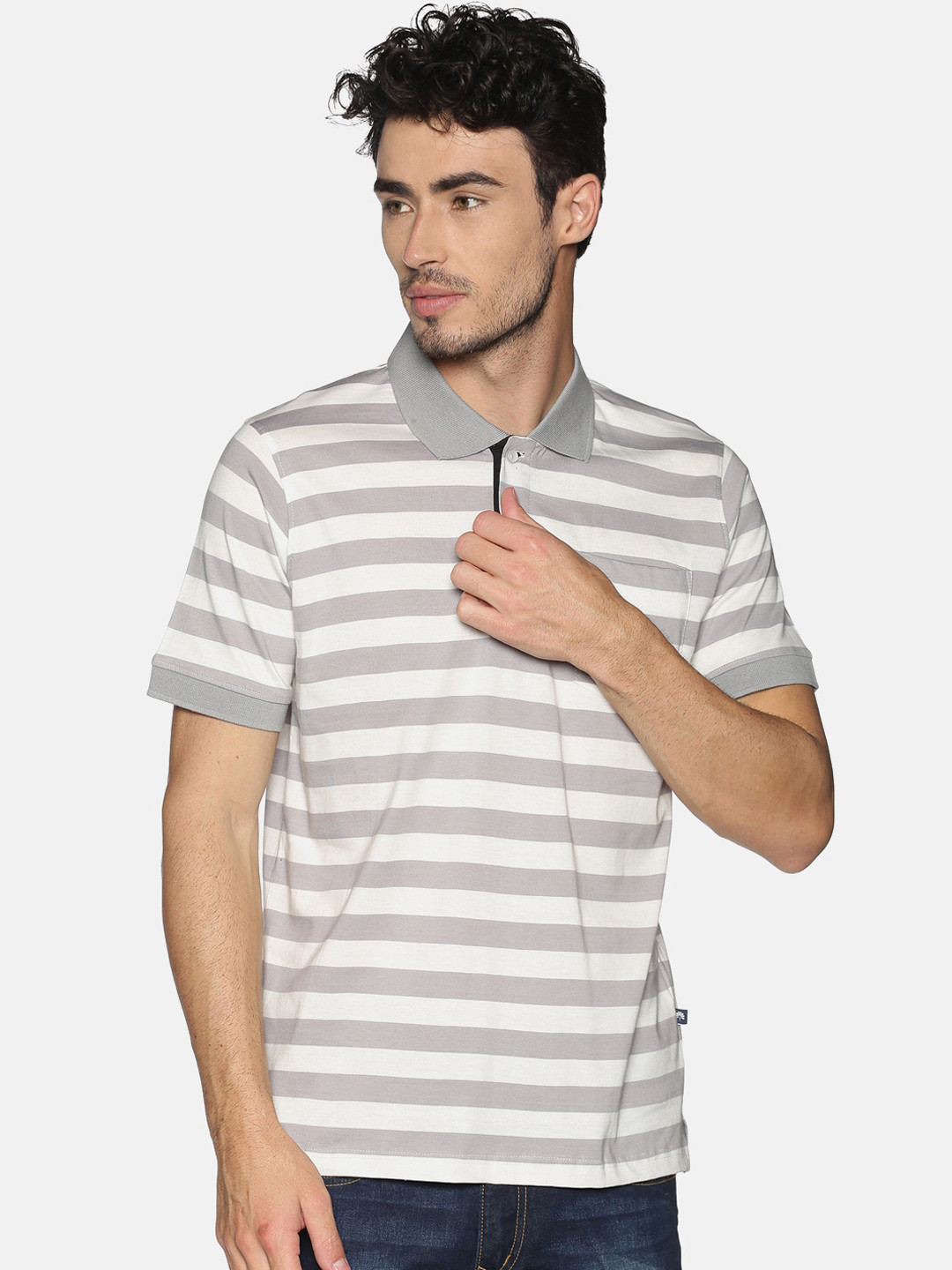 

Chennis Men White Grey Slim Fit Striped Polo Collar Cotton Pure Cotton T-shirt