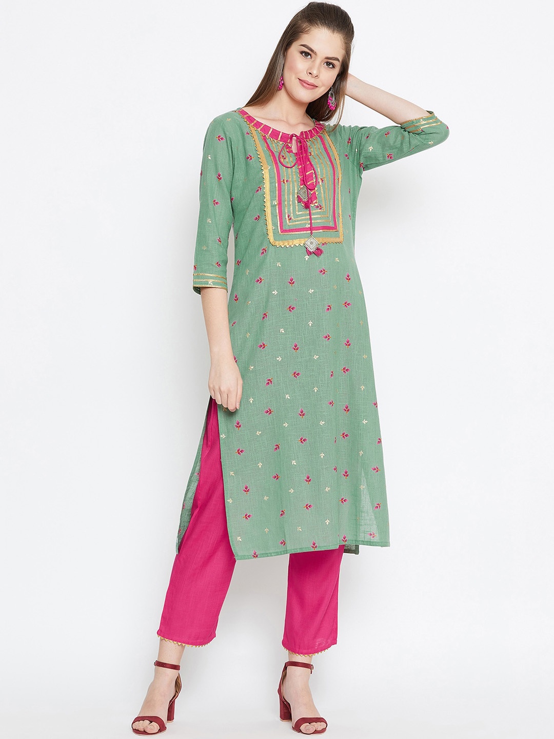 

Prakhya Women Green & Pink Printed Kurta with Trousers