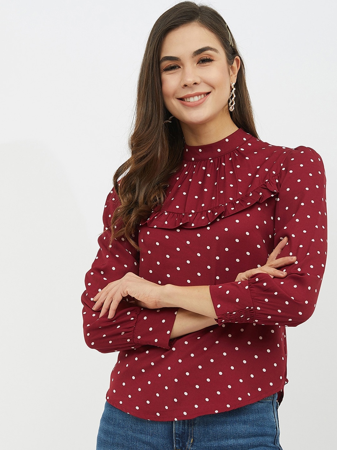 

Harpa Women Maroon Polka Dots Printed Top