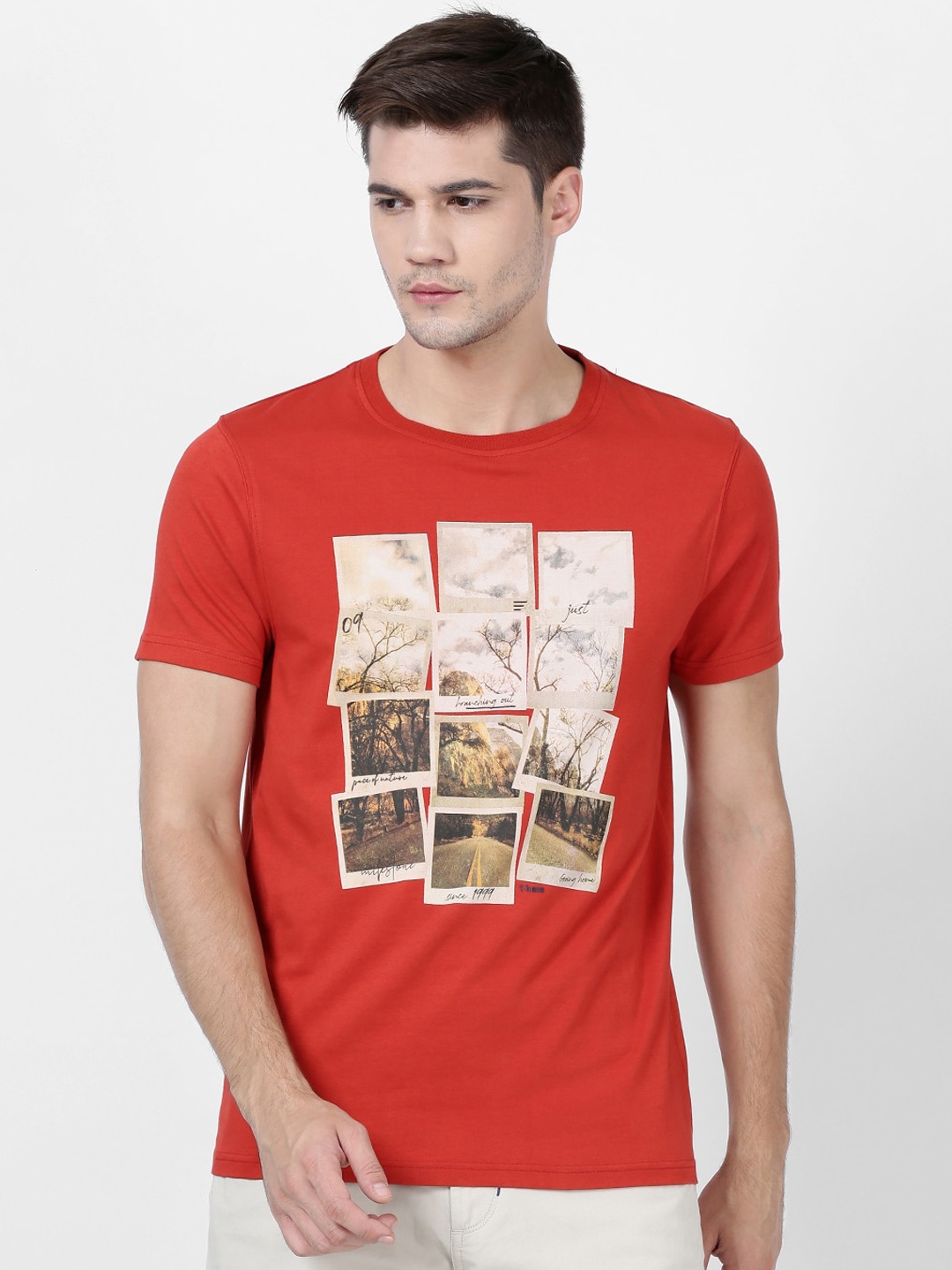 

t-base Men Red Printed Round Neck Pure Cotton T-shirt