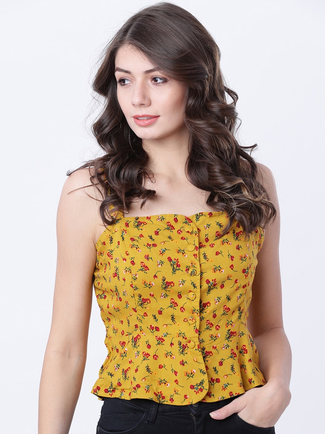 

Tokyo Talkies Women Mustard Yellow & Red Printed Cropped Peplum Top
