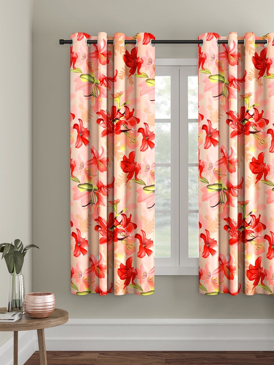Cortina Single Floral Printed Window Curtain, Peach
