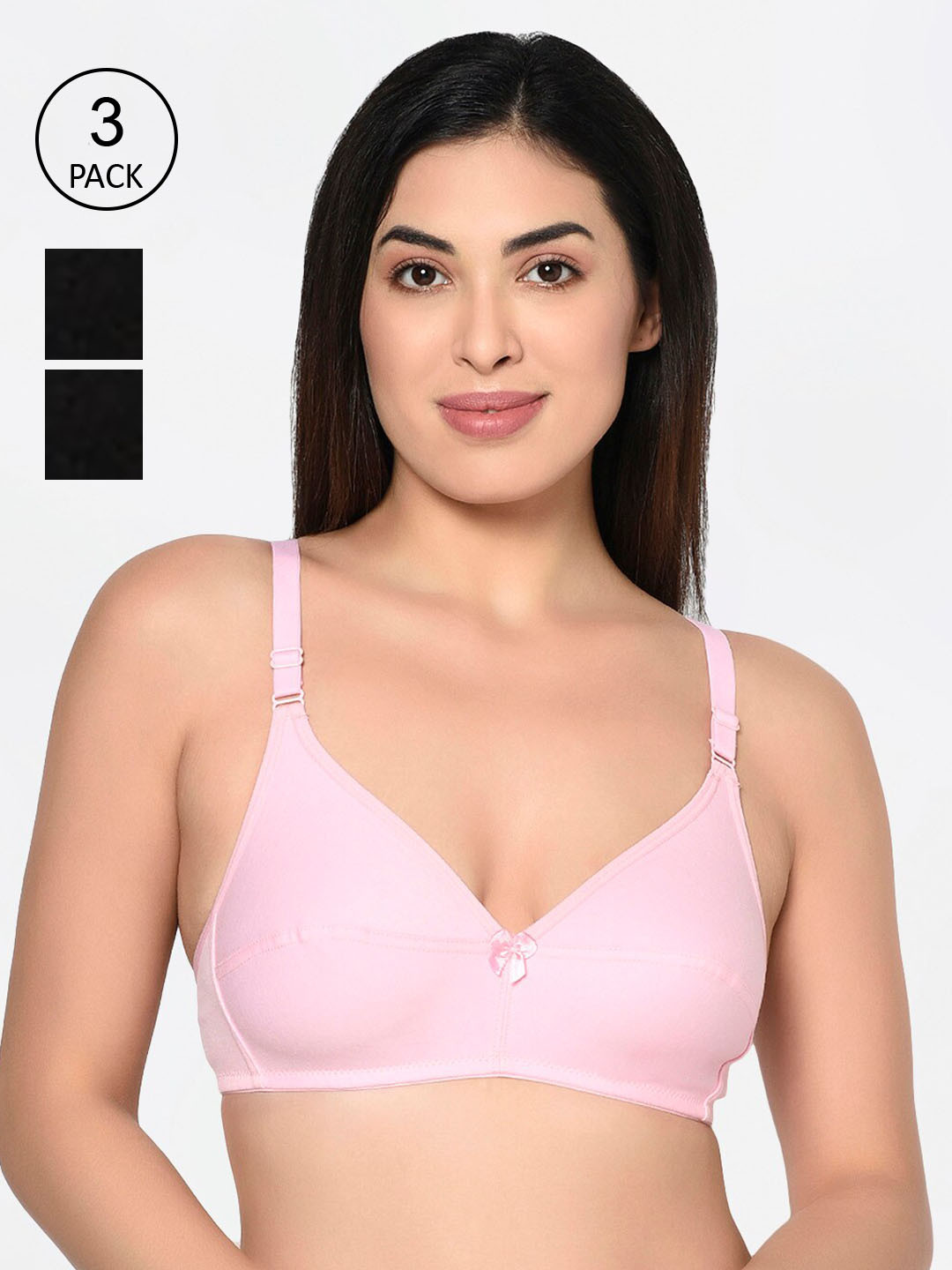 

Bodycare Pack Of 3 Black & Pink Solid Non-Wired Non Padded Everyday Bra 1581BPIB-3PCS
