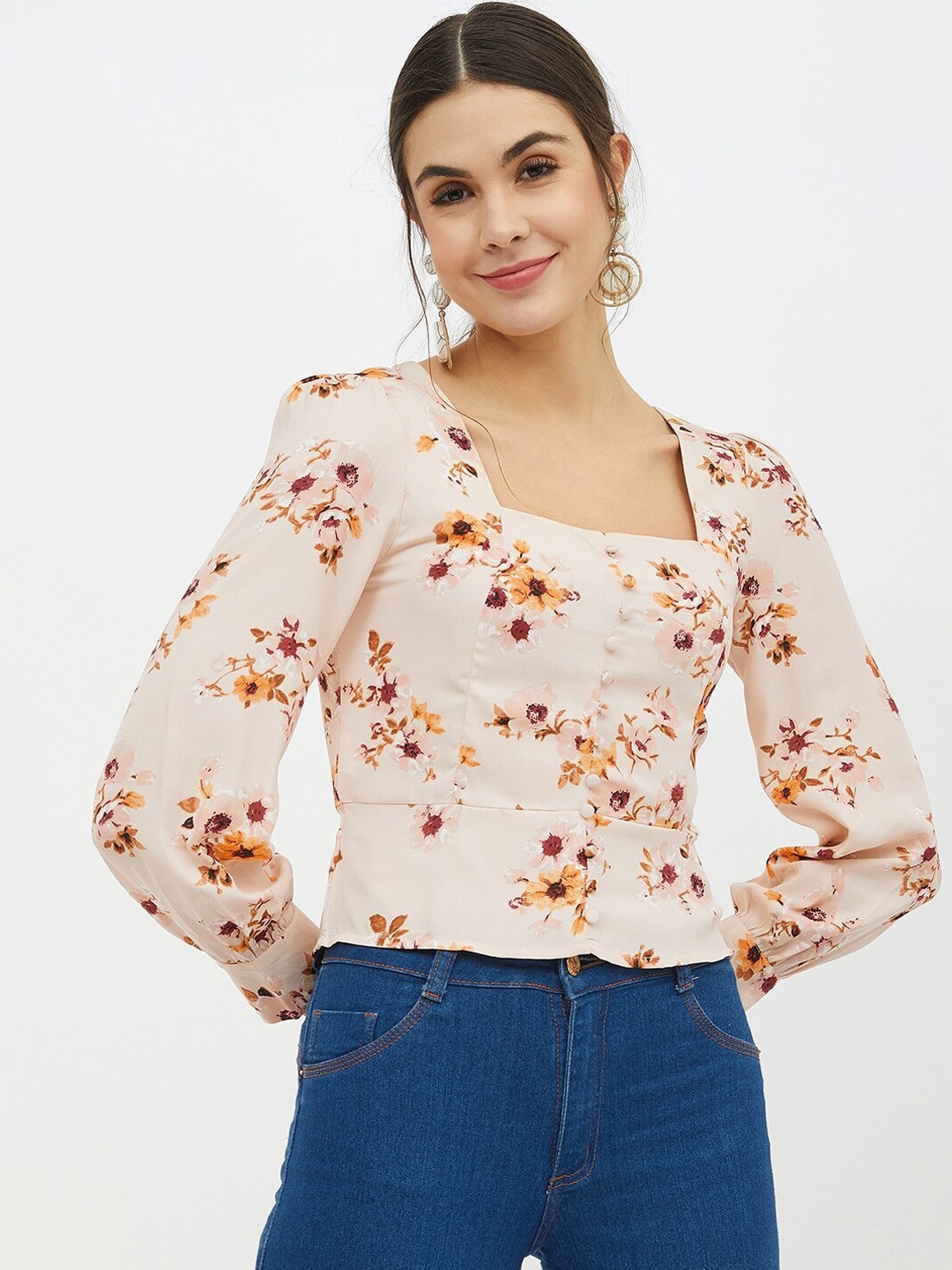 

Harpa Peach-Coloured Floral Printed Top With Bishop Sleeves