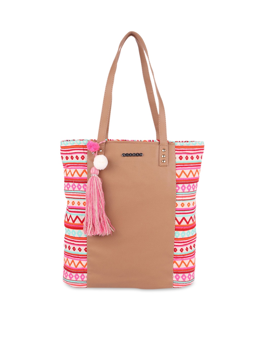 

ASTRID Tan Brown & Pink Printed Tote Bag