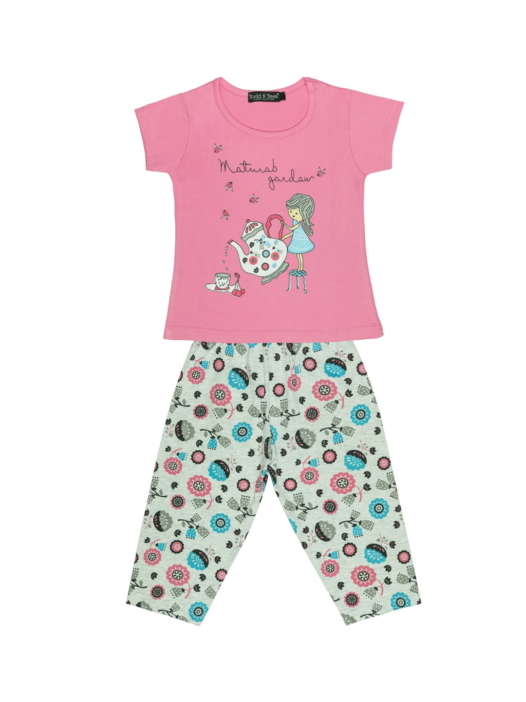 

Todd N Teen Girls Pink & Grey Printed Night suit