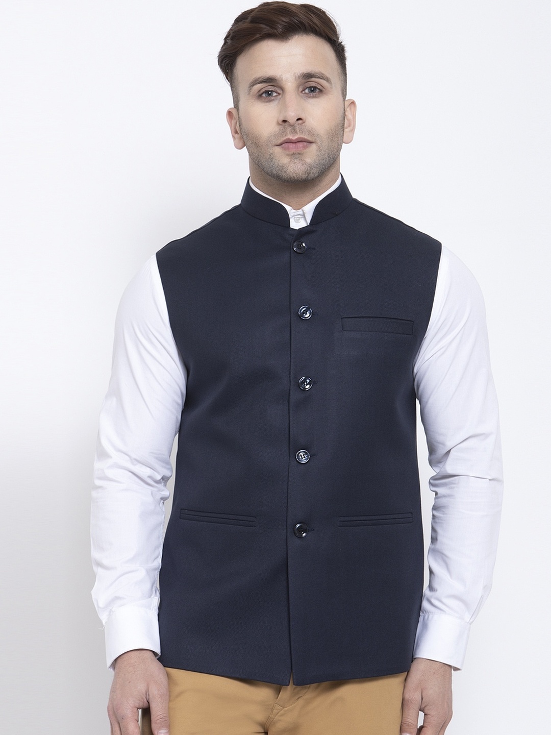 

Badoliya & Sons Men Navy Blue Solid Nehru Jacket