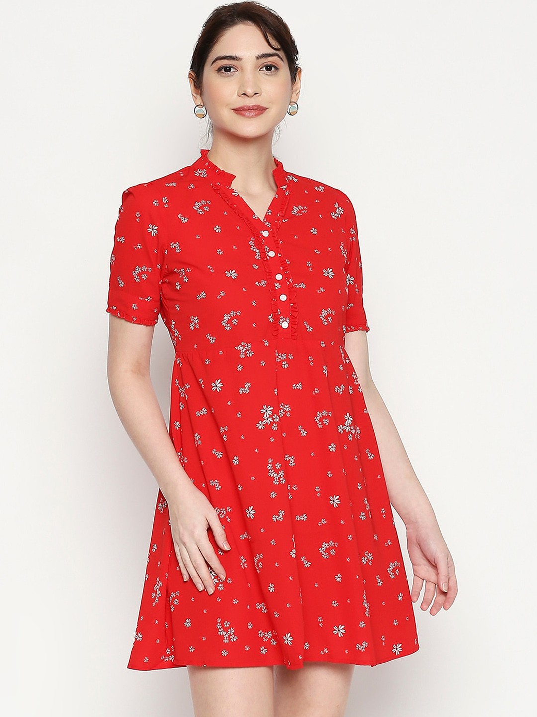 

People Women Red Floral Printed Fit and Flare Dress