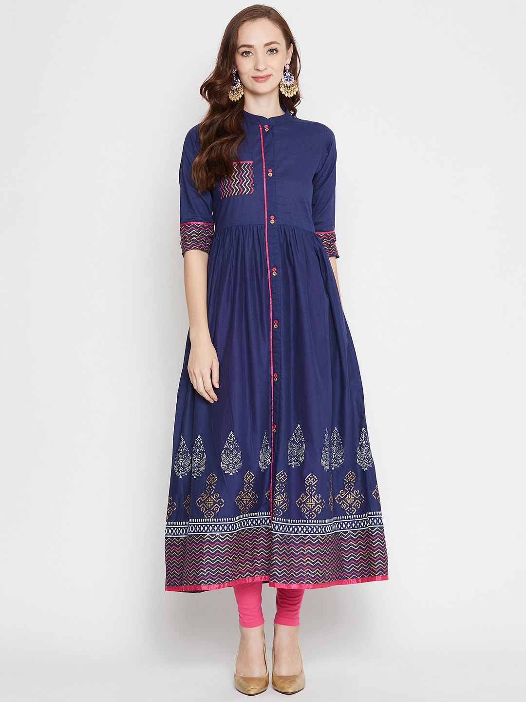 

WineRed Women Navy Blue Block Print Cotton Flared Kurta