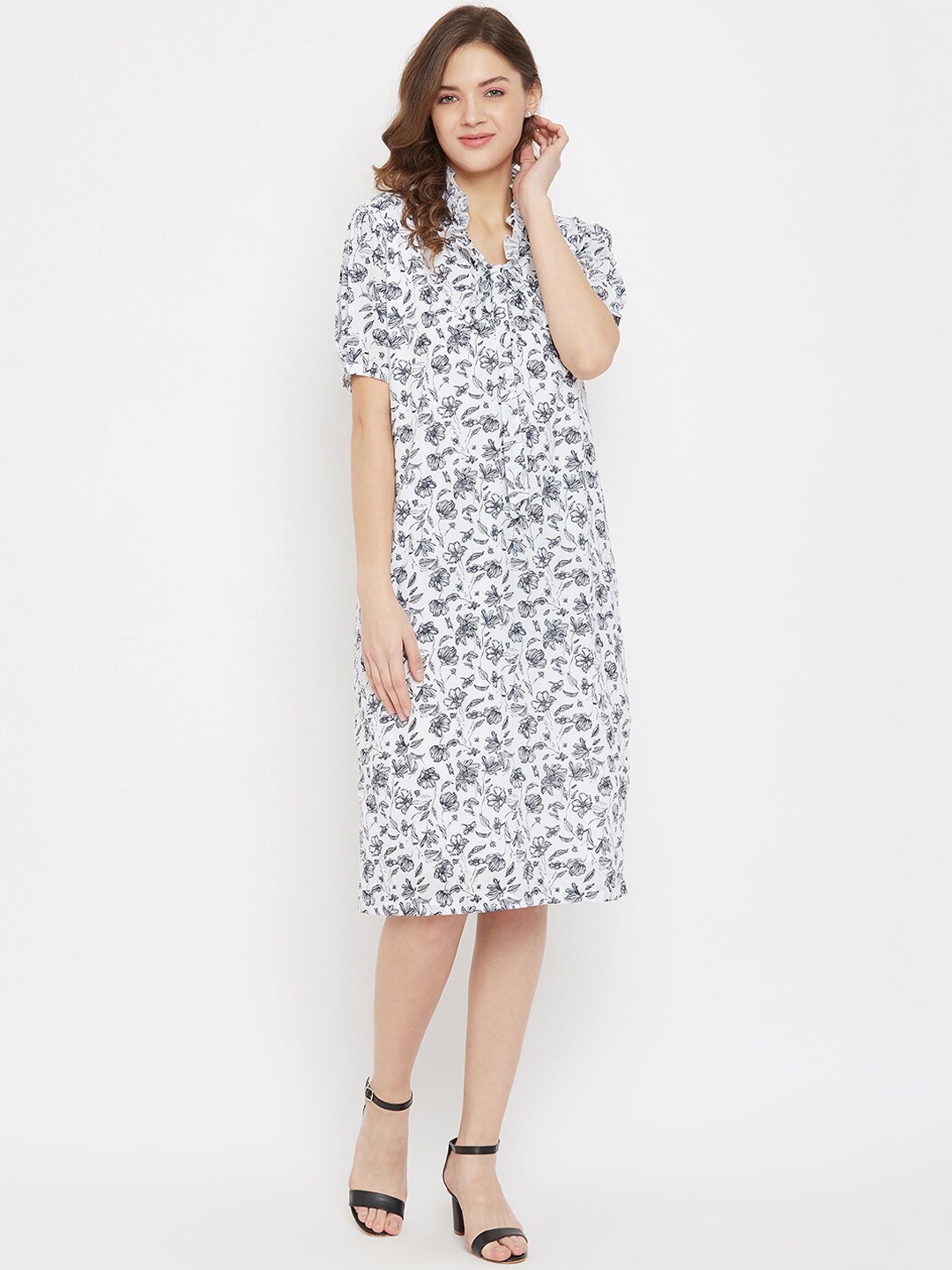 

The Kaftan Company Women White & Black Cotton Floral Printed A-Line Dress