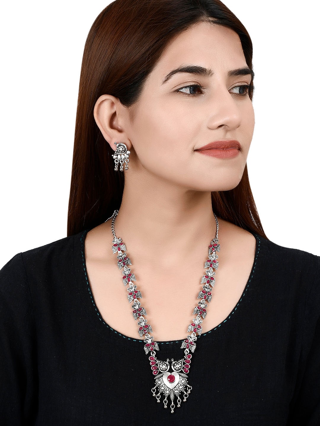 

Silvermerc Designs Oxidised Silver-Plated Pink Stone-Studded Peacock-Shaped Handcrafted Temple Jewellery Set