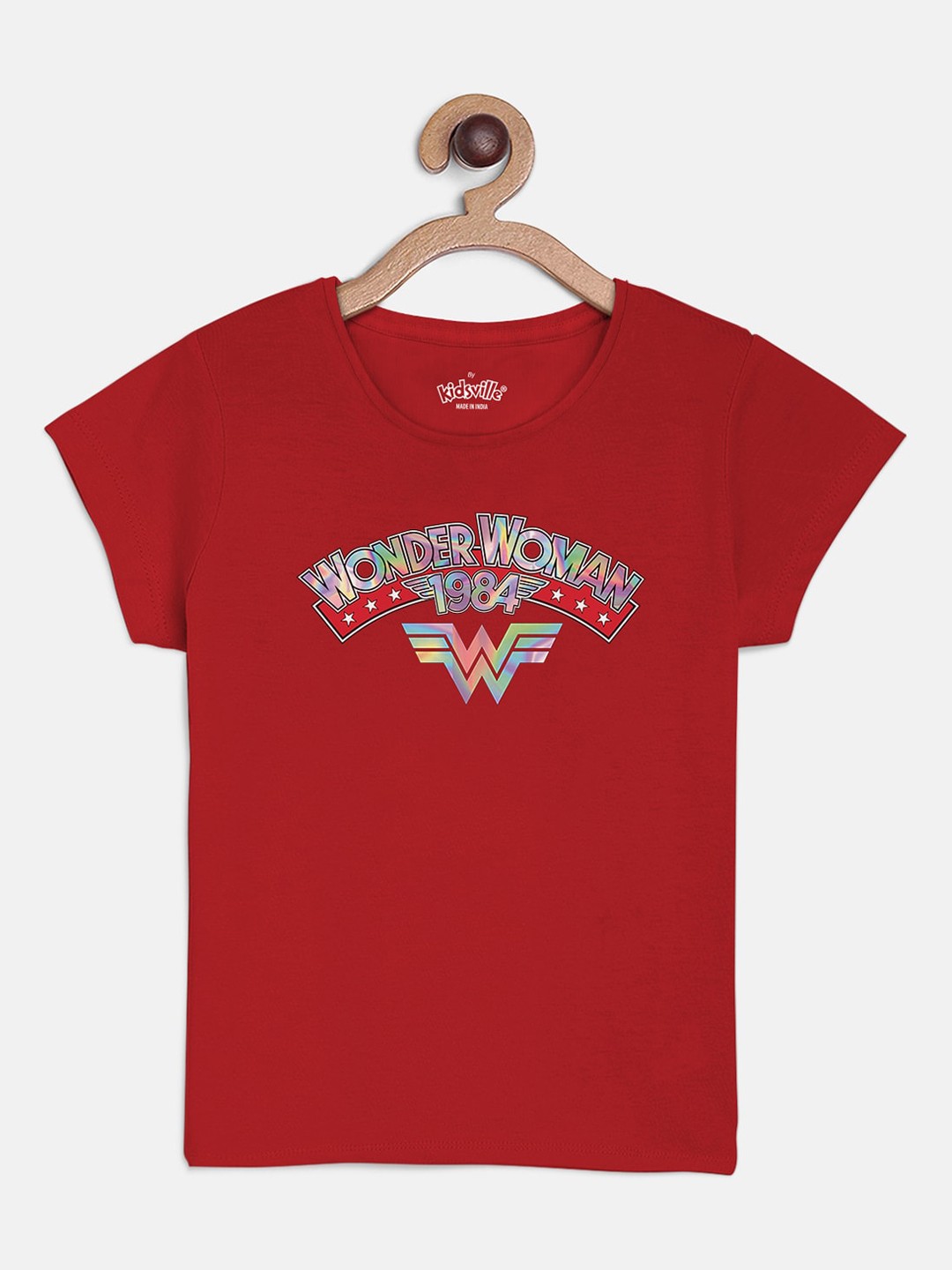 

Kids Ville Girls Red Wonder Woman Print Round Neck Tshirt