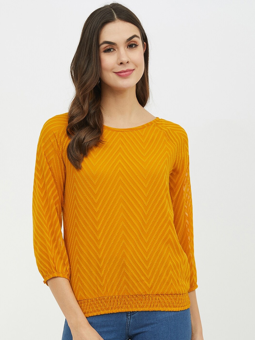 Harpa Women Mustard Printed Blouson Top