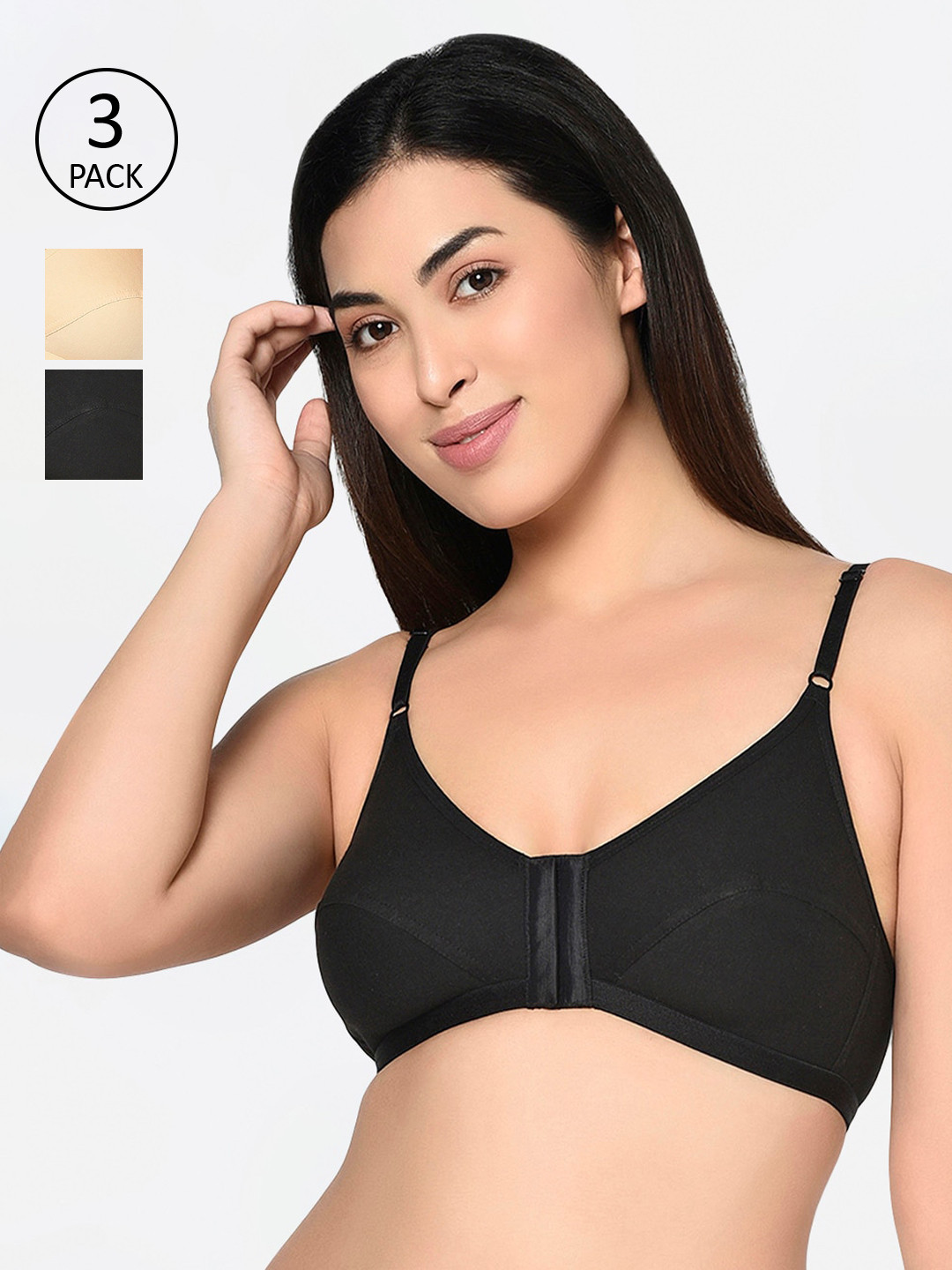 

Bodycare Pack Of 3 Black & Nude-Coloured Solid Non-Wired Non Padded Everyday Bra 1568BSB