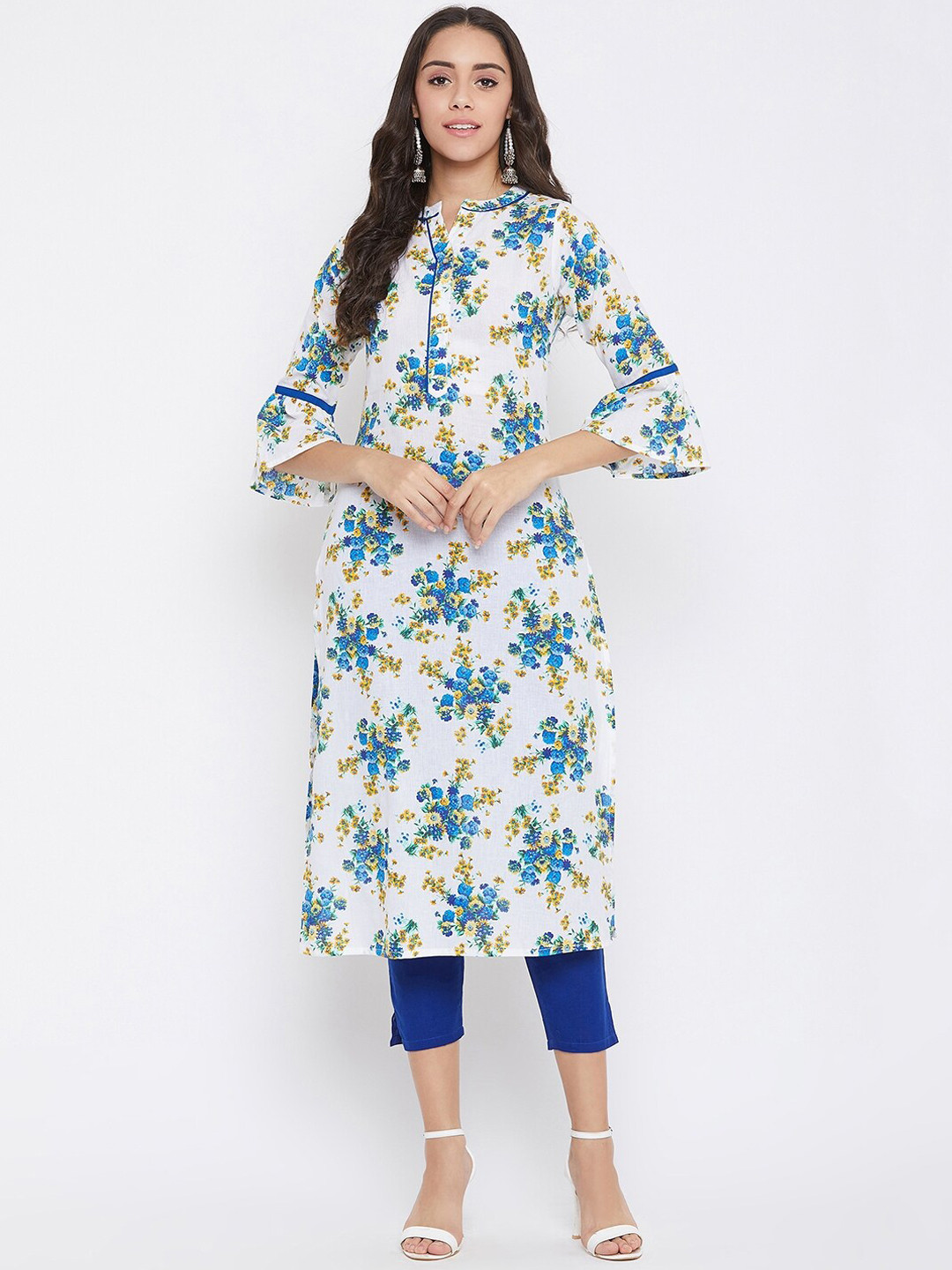 

WineRed White Floral Printed Flared Sleeves Thread Work Kurta