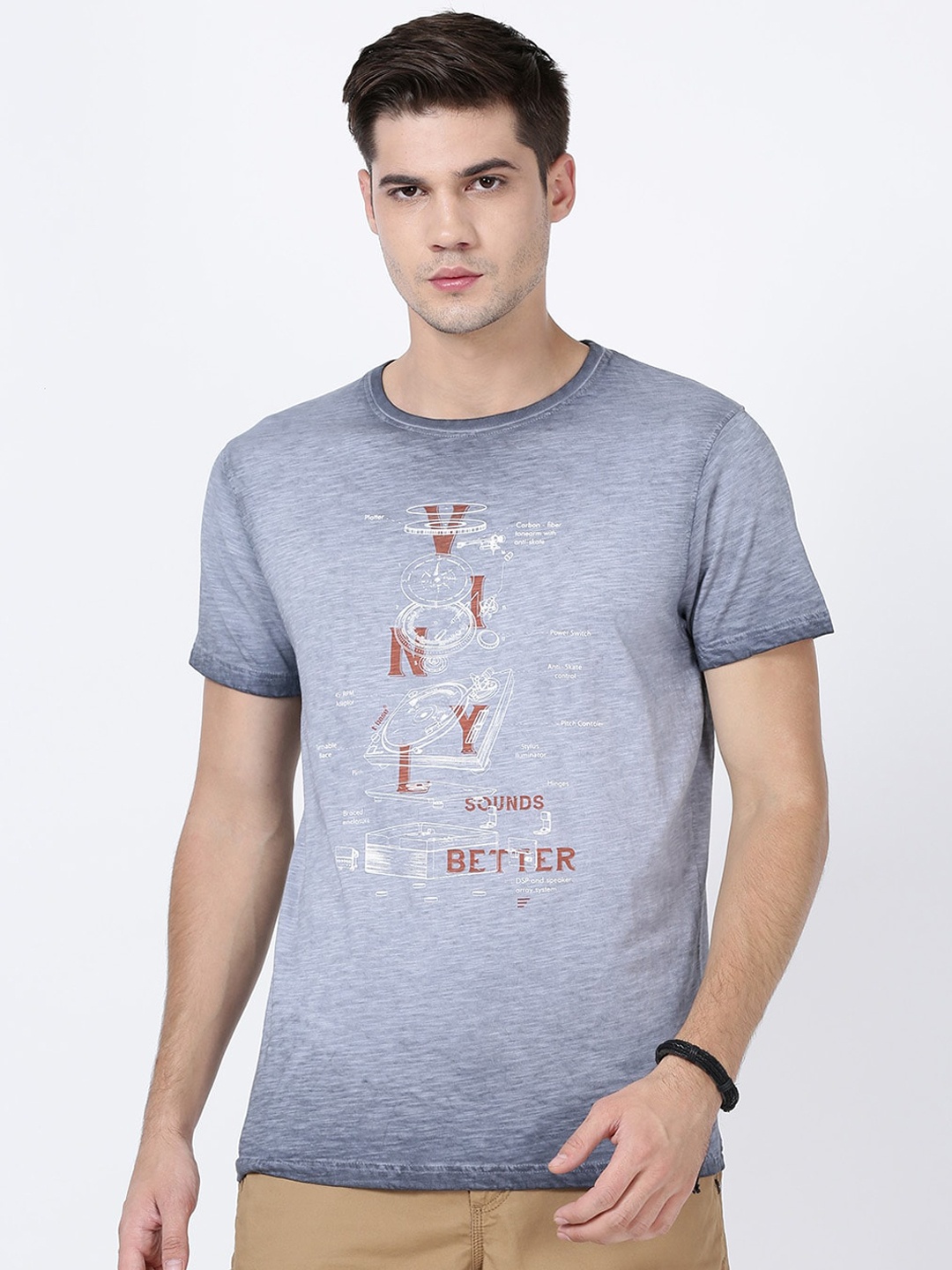 

t-base Men Grey Printed Round Neck Cotton Pure Cotton T-shirt