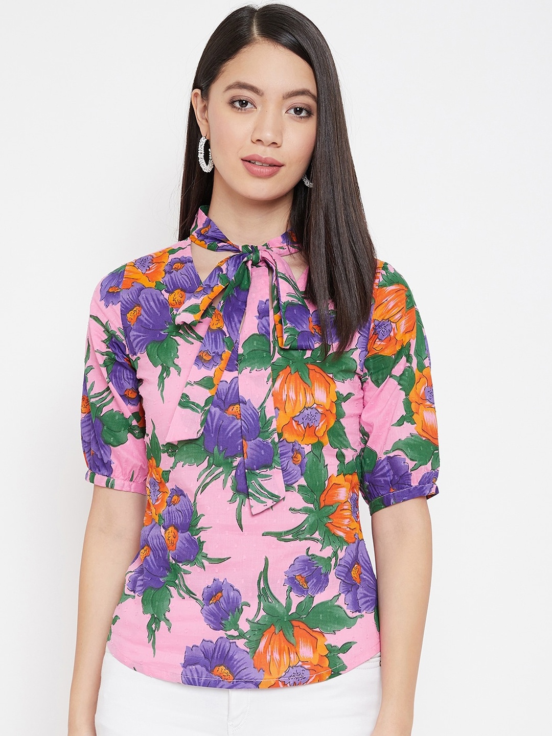 

WineRed Women Pink & Blue Floral Print Top