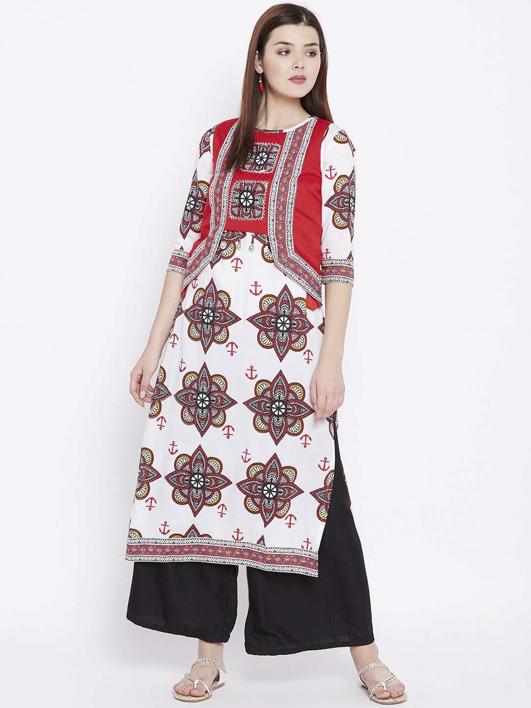 

WineRed Women White Printed Straight Kurta