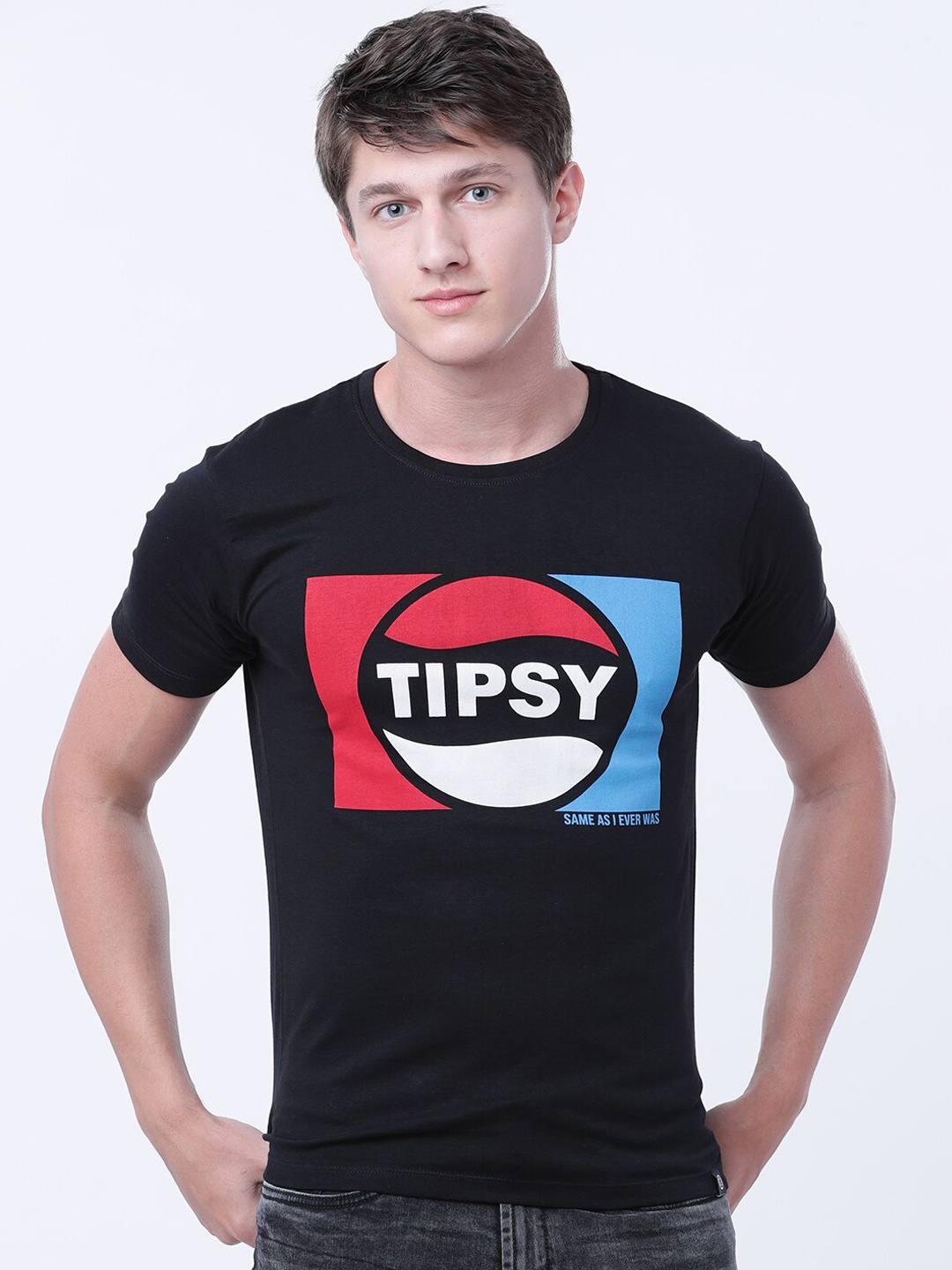LOCOMOTIVE Men Black Printed Round Neck Cotton T-shirt