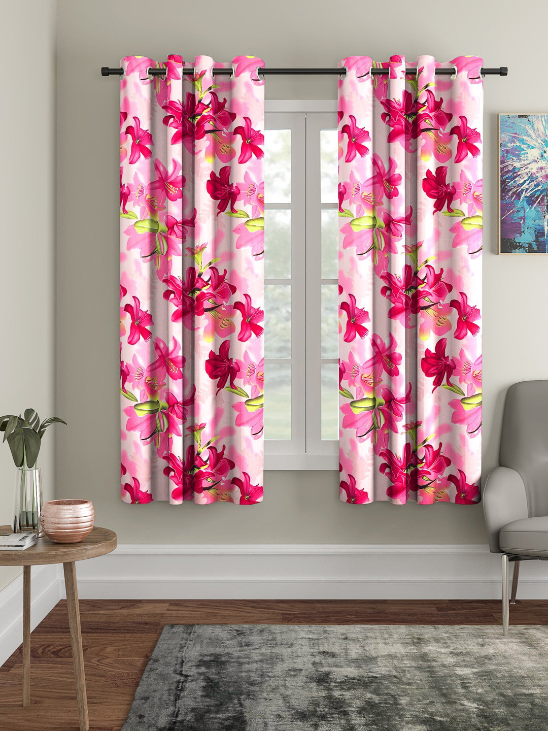 

Cortina Set of 2 Pink Floral Printed Polyester Window Curtains