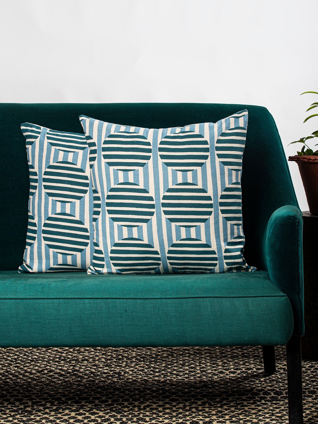 Contrast Living Green & White Set of 2 Geometric Square Cushion Covers