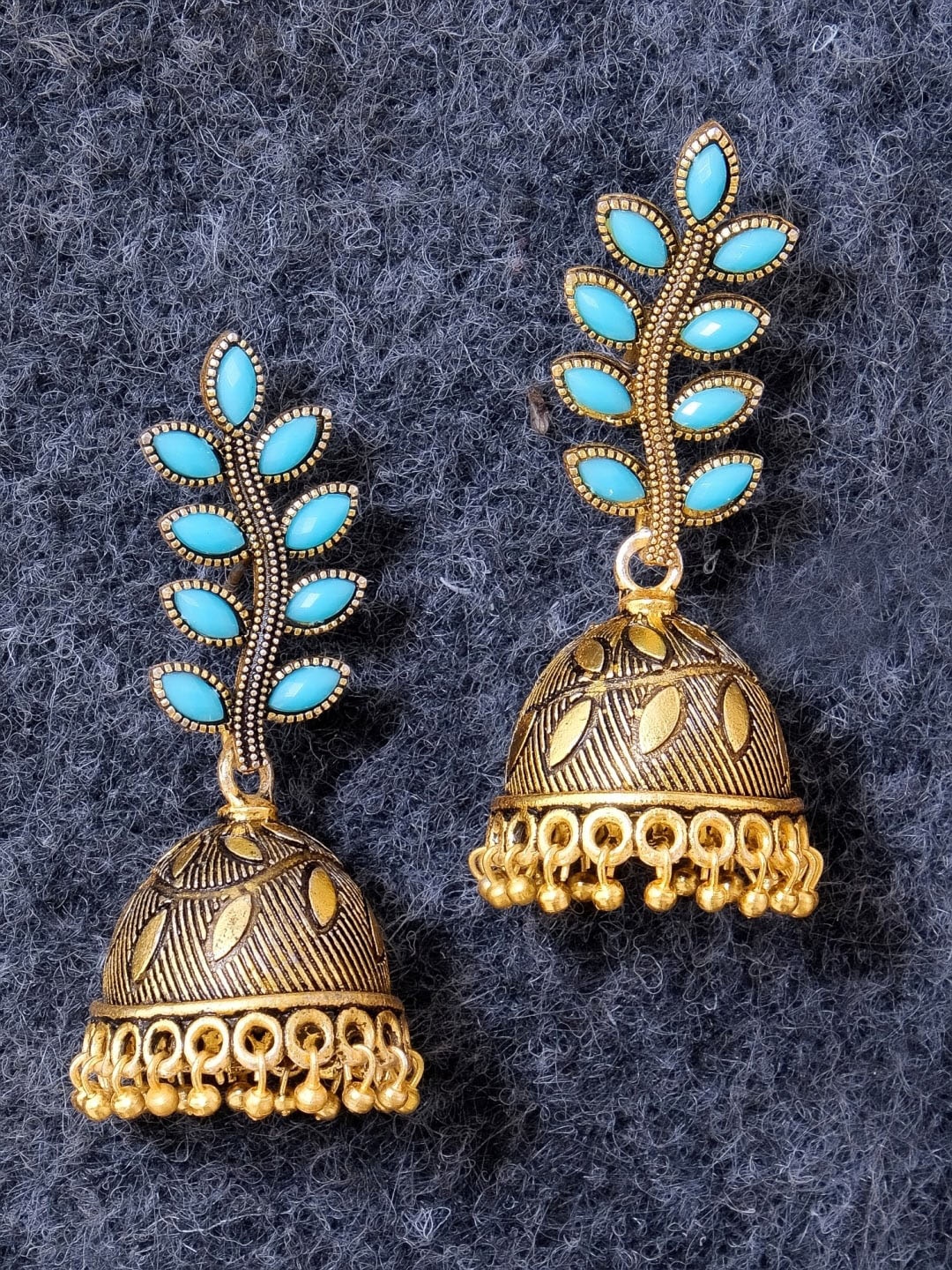 

Crunchy Fashion Blue & Gold-Toned Dome Shaped Jhumkas