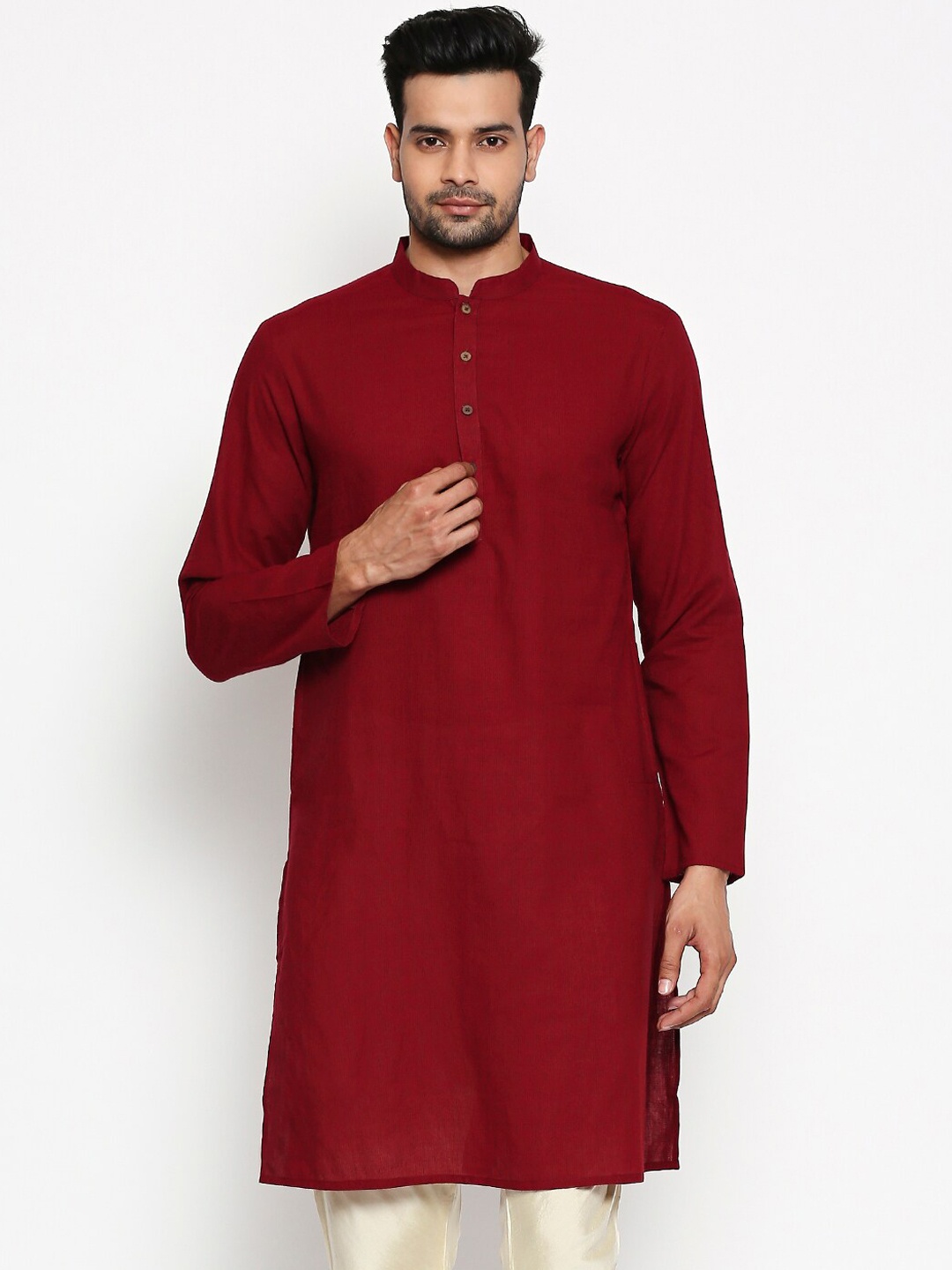 

indus route by Pantaloons Men Maroon Solid Straight Kurta