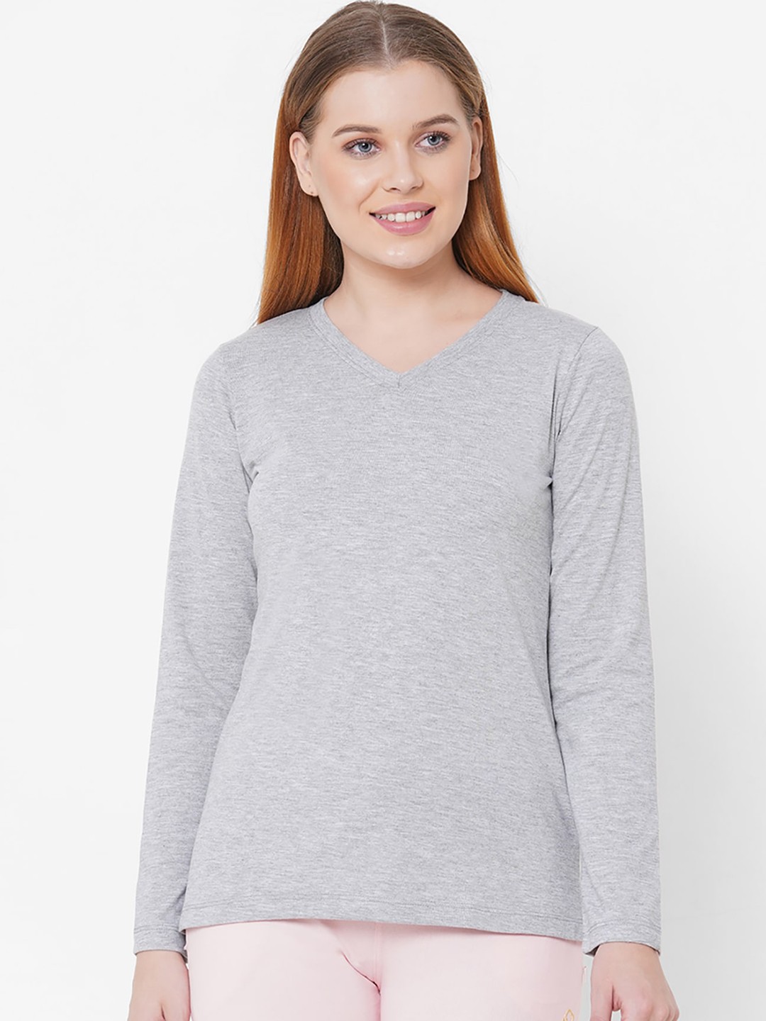 

Sweet Dreams Women Grey Melange Solid V-Neck Lounge T-shirt