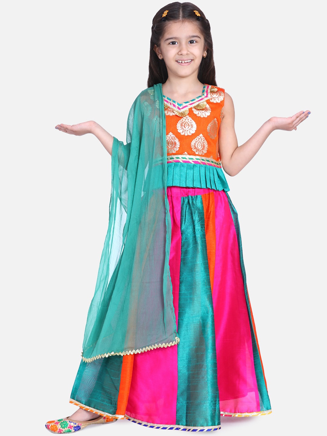 

BownBee Girls Orange & Blue Printed Ready to Wear Lehenga & Blouse with Dupatta