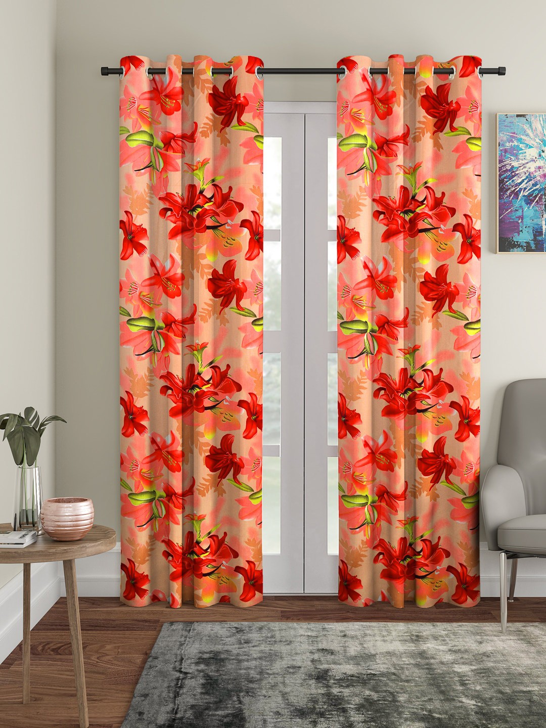 

Cortina Set of 2 Red Floral Printed Polyester Door Curtains, Peach