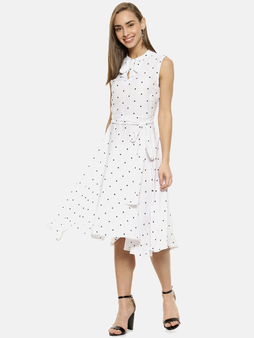 

Campus Sutra Women White & Black Polka Dots Print Fit & Flare Dress
