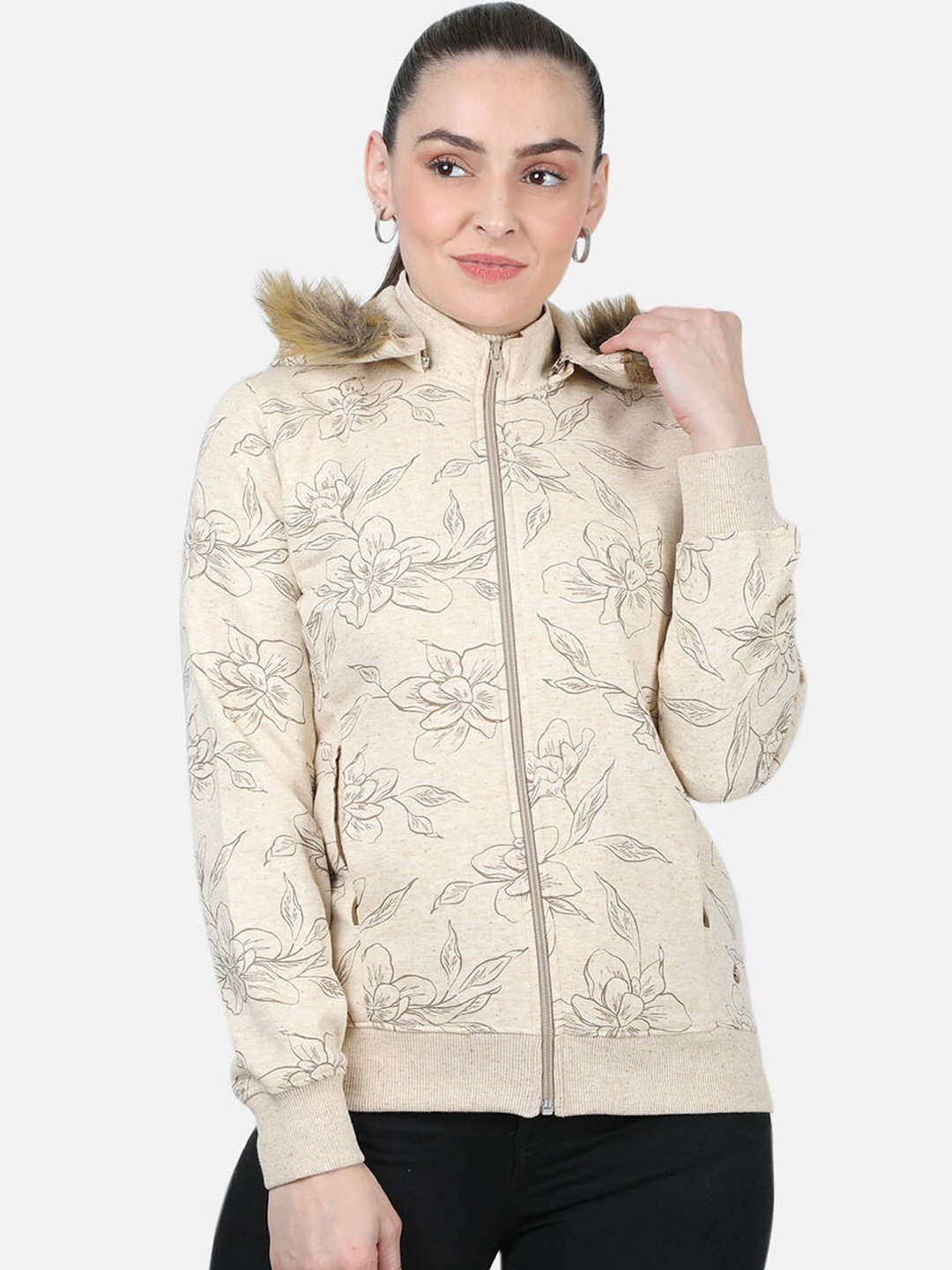 

Monte Carlo Women Off-White Printed Hooded Sweatshirt
