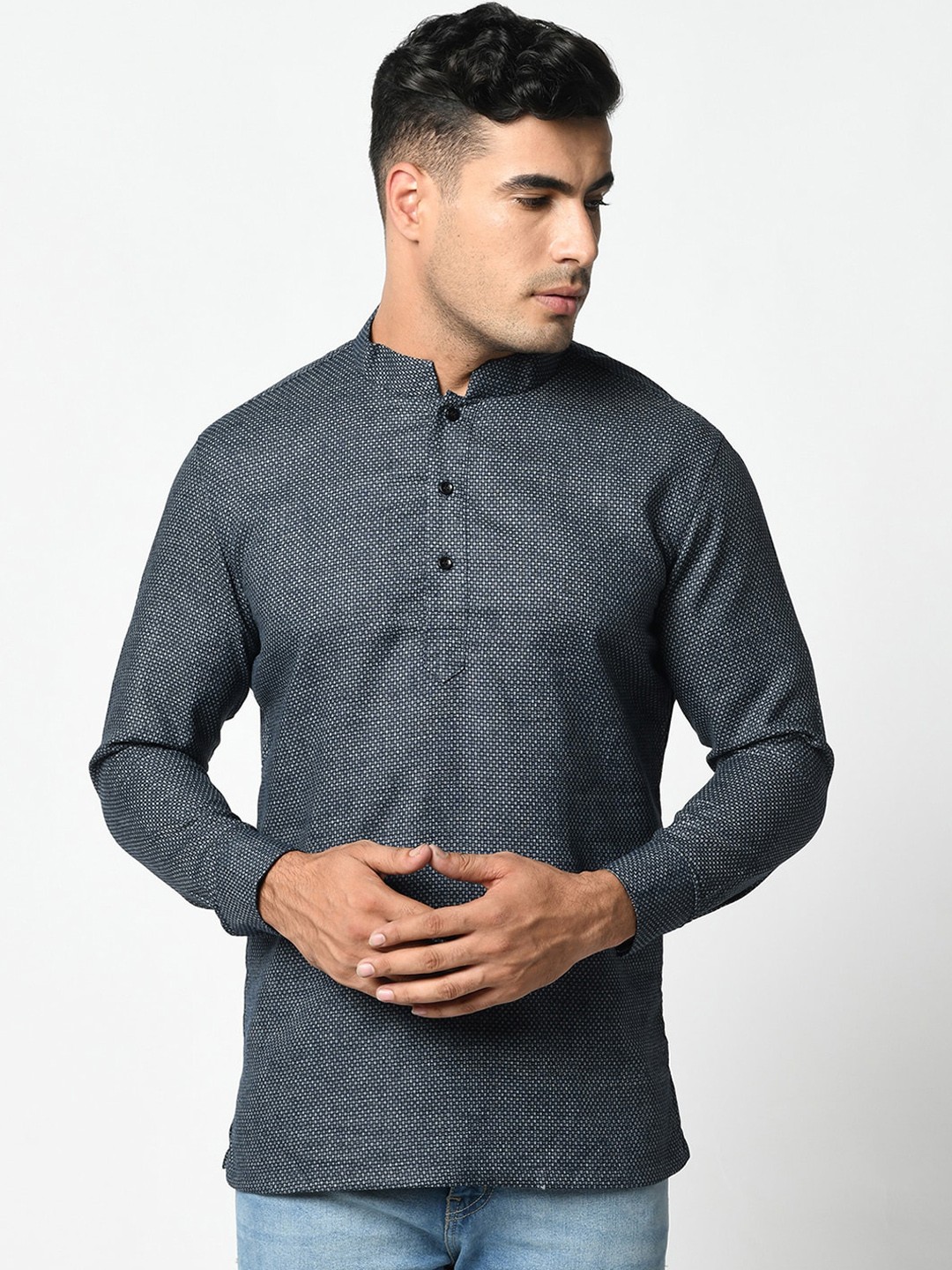 

DEYANN Men Navy Blue Woven Design Pathani Kurta