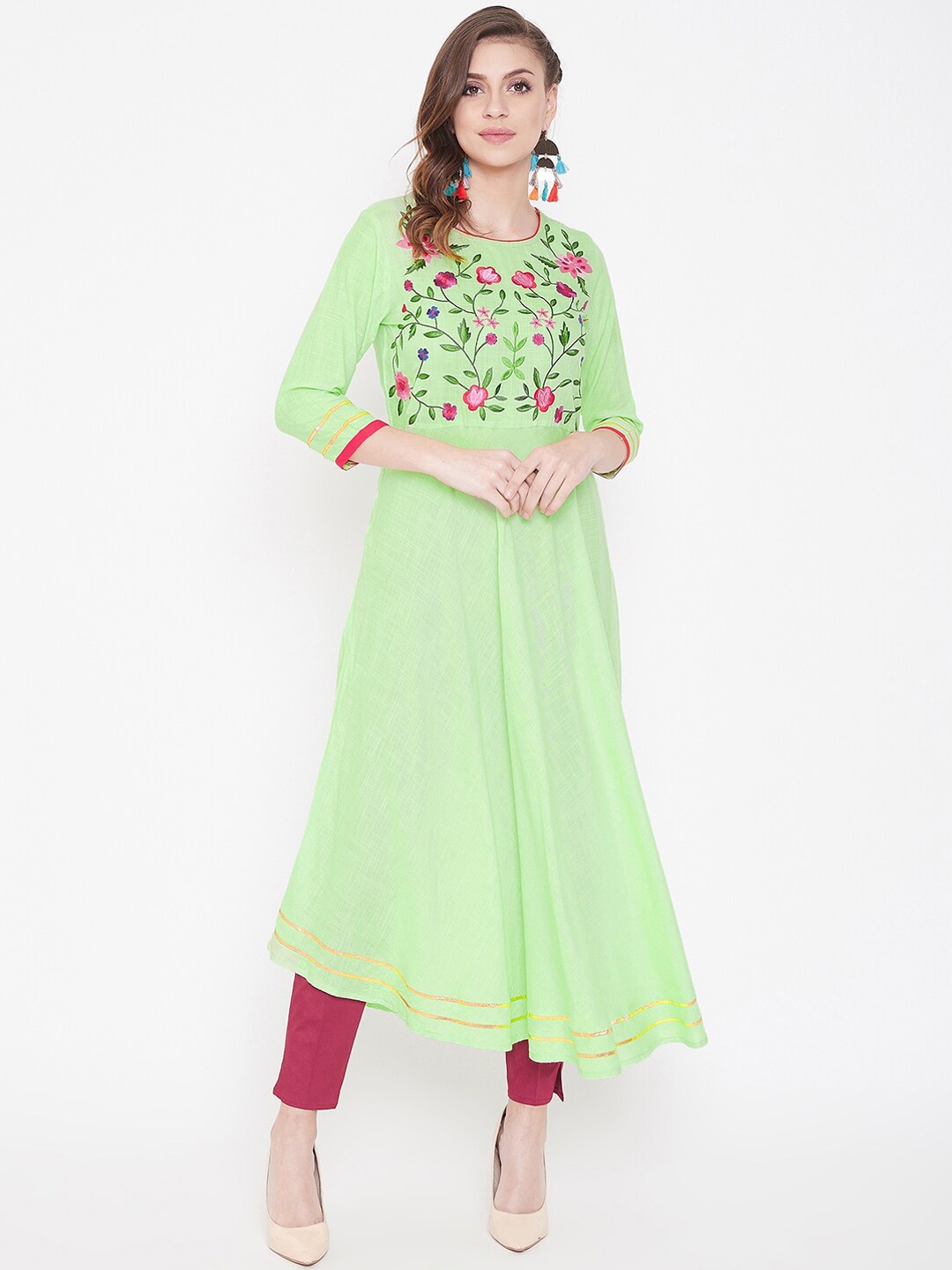 

WineRed Women Fluorescent Green & Red Embroidered Anarkali Kurta