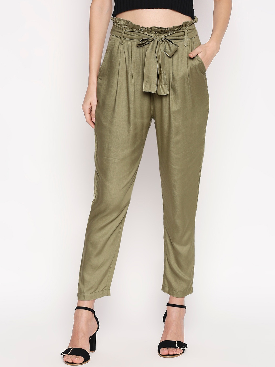 

People Women Olive Green Tapered Fit Solid Regular Trousers