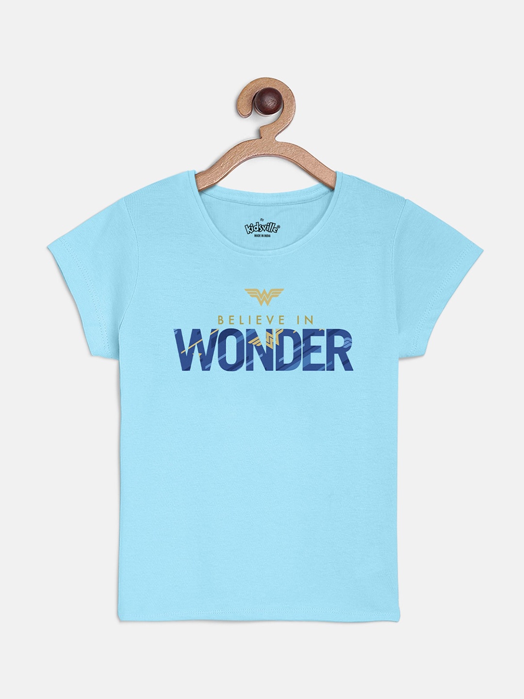 Kids Ville Girls Blue Wonder Woman Printed Round Neck Pure Cotton T-shirt