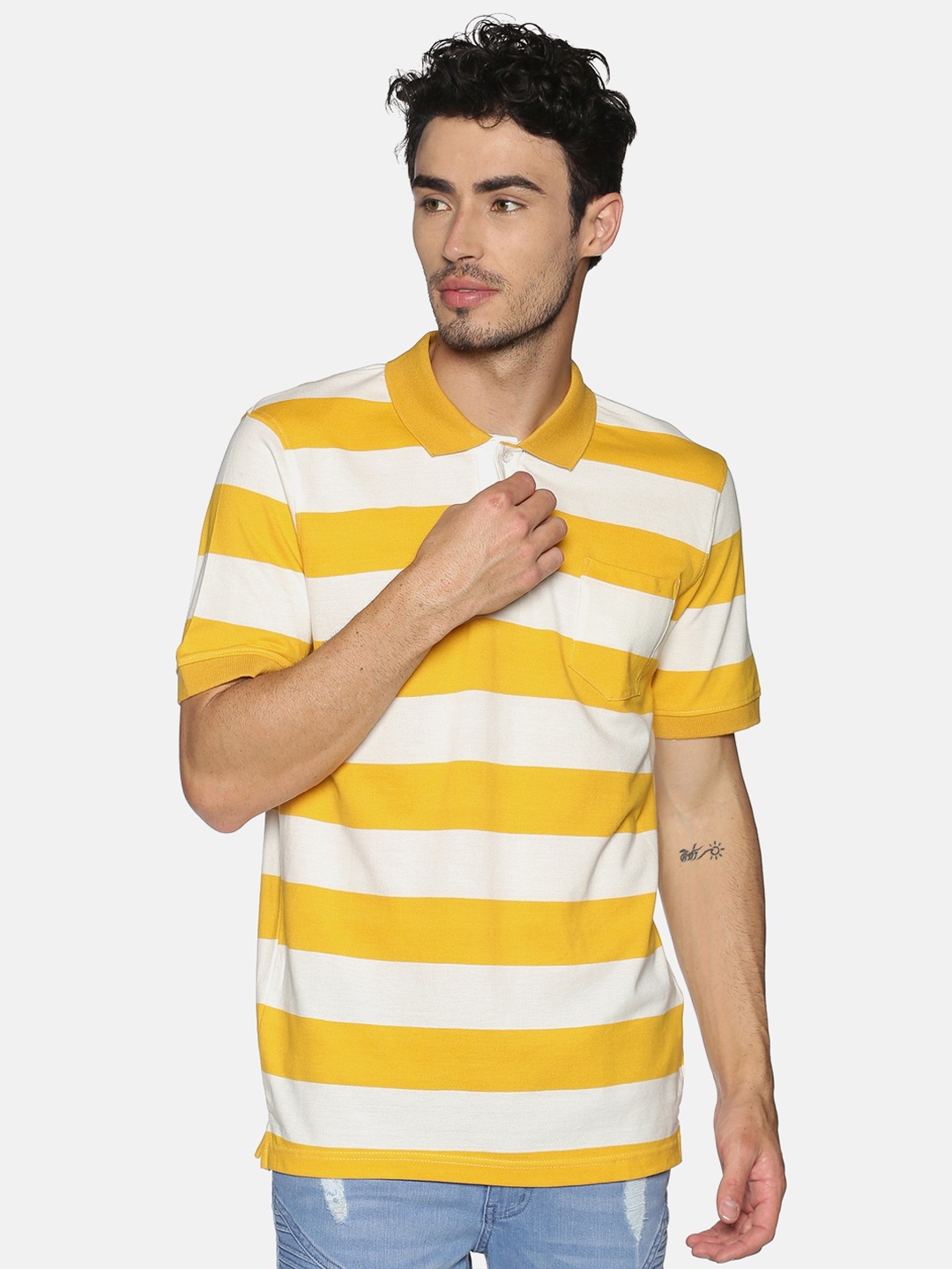 

Chennis Men White Yellow Slim Fit Striped Polo Collar Cotton Pure Cotton T-shirt