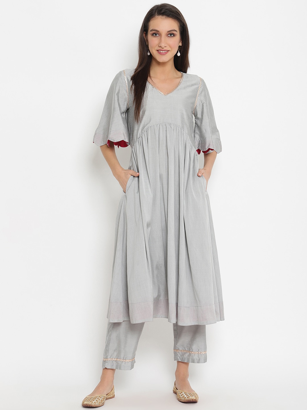 

Abhishti Gathered Cotton Silk Anarkali Kurta, Grey