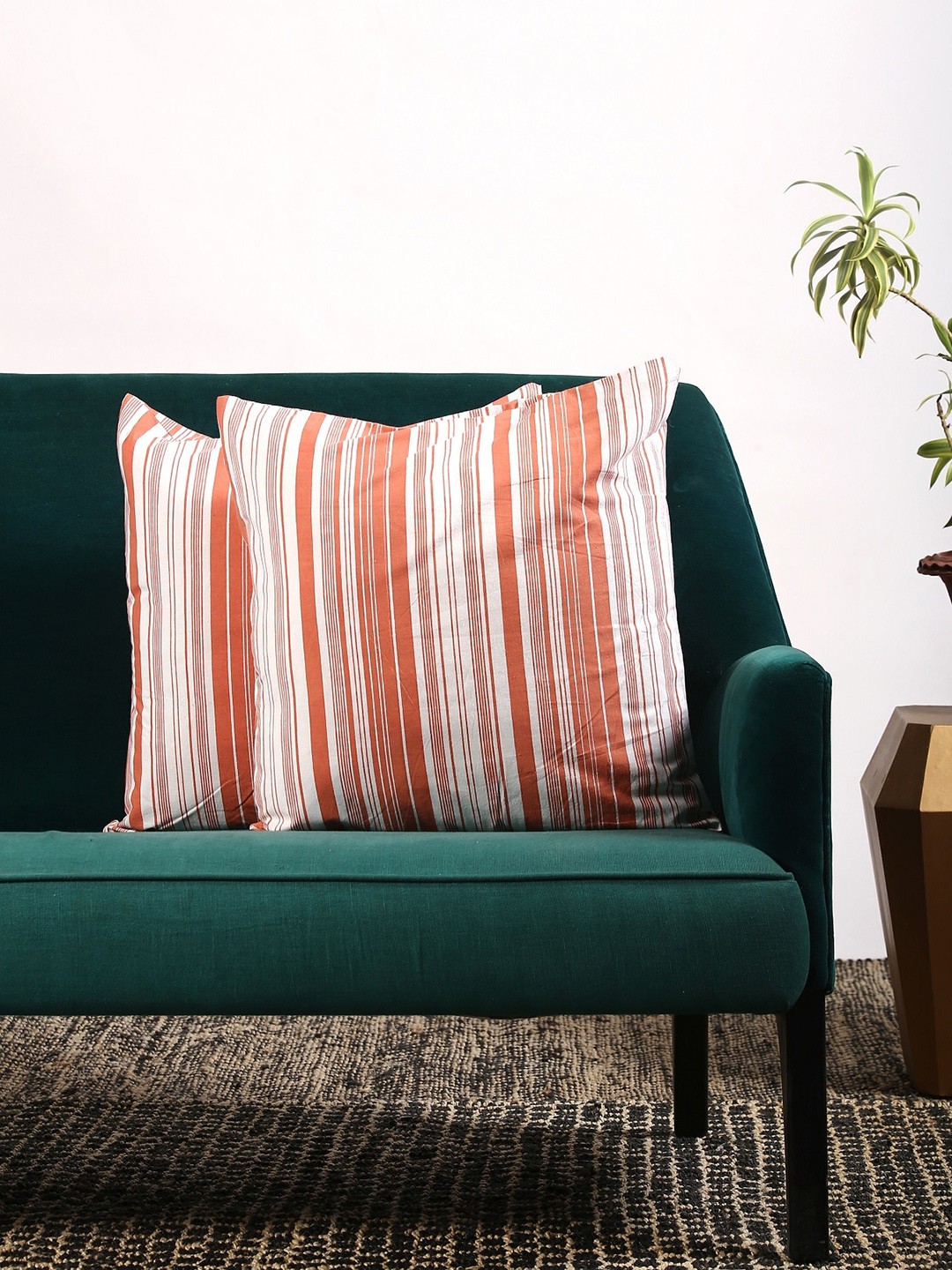 

Contrast Living Set of 2 White & Peach-Coloured Striped Square Cushion Covers
