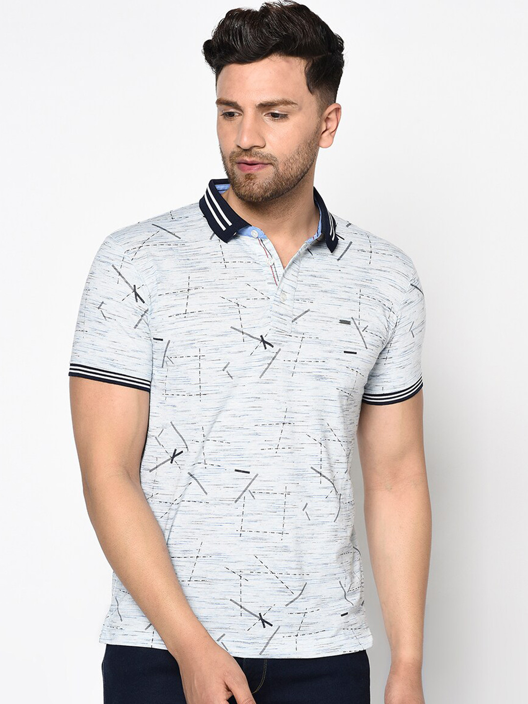 

Duke Men Blue & Grey Printed Polo Collar T-shirt