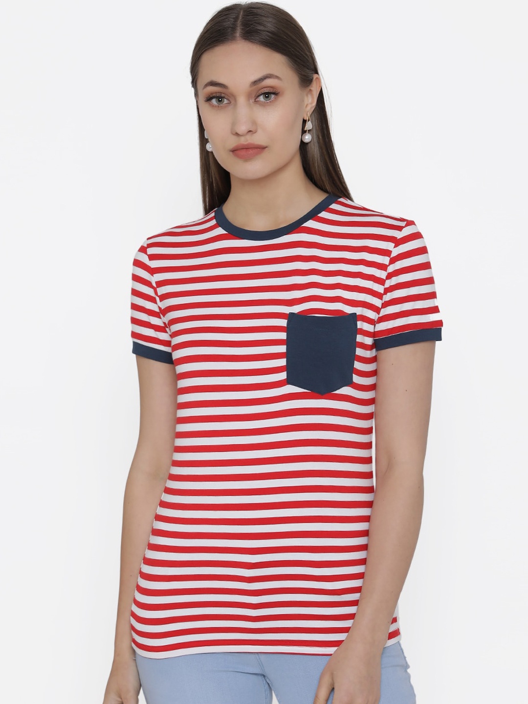 

DOOR74 Women Red & White Striped Round Neck T-shirt
